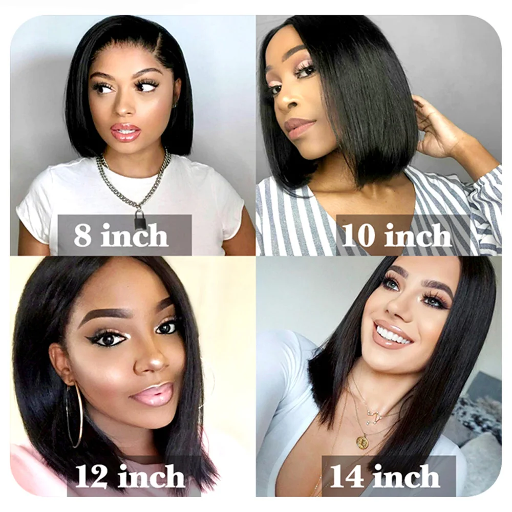 Swag Hair Straight Bob Human Wig 4x4 Lace Closure Pre-Plucked 180% Density Malaysian Natural Color For Woman | Шиньоны и парики
