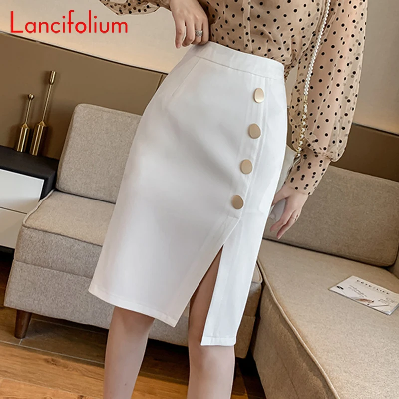 Skirt Women Elegant 2020 Summer Knee Length High Waist Skirt Ladies Office Vintage Slit Black Midi Skirt