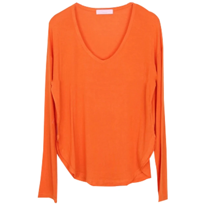 Black Spring T-Shirts Women Split Korean Slim Tops Casual Solid V-Neck Shirts Long Sleeve Cotton Vintage Autumn tshirts X705 | Женская