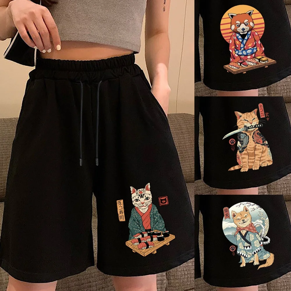 

Shorts Women Fitness Casual High Waist Fashion Biker Shorts Japan Cat Printed Summer Knee-Length Bottoms Black Trend Streetwear