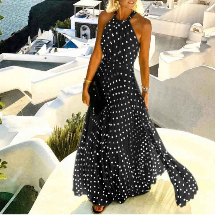 

Fashion Sexy Halter Print Pleated Long Dress Women Sweet O Neck Beach Maxi Dress Summer Sleeveless Elegant Boho Party Dress XXL