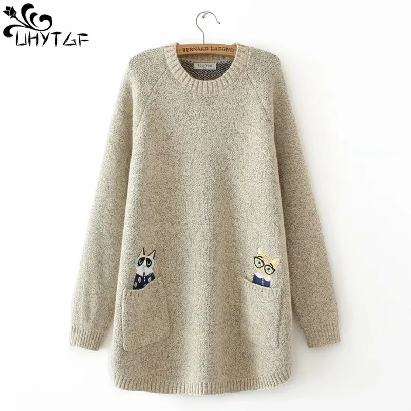 

UHYTGF Women Oversized Sweaters Korean Knitted Pullovers Winter O-neck Coats Long Sleeve Jumper Loose Tops Mujer Warm Knits X630