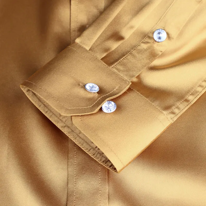 

Fashion Shiny Silky Satin Dress Shirt Luxury Silk Like Long Sleeve Mens Casual Shirts Performance Stage Wear