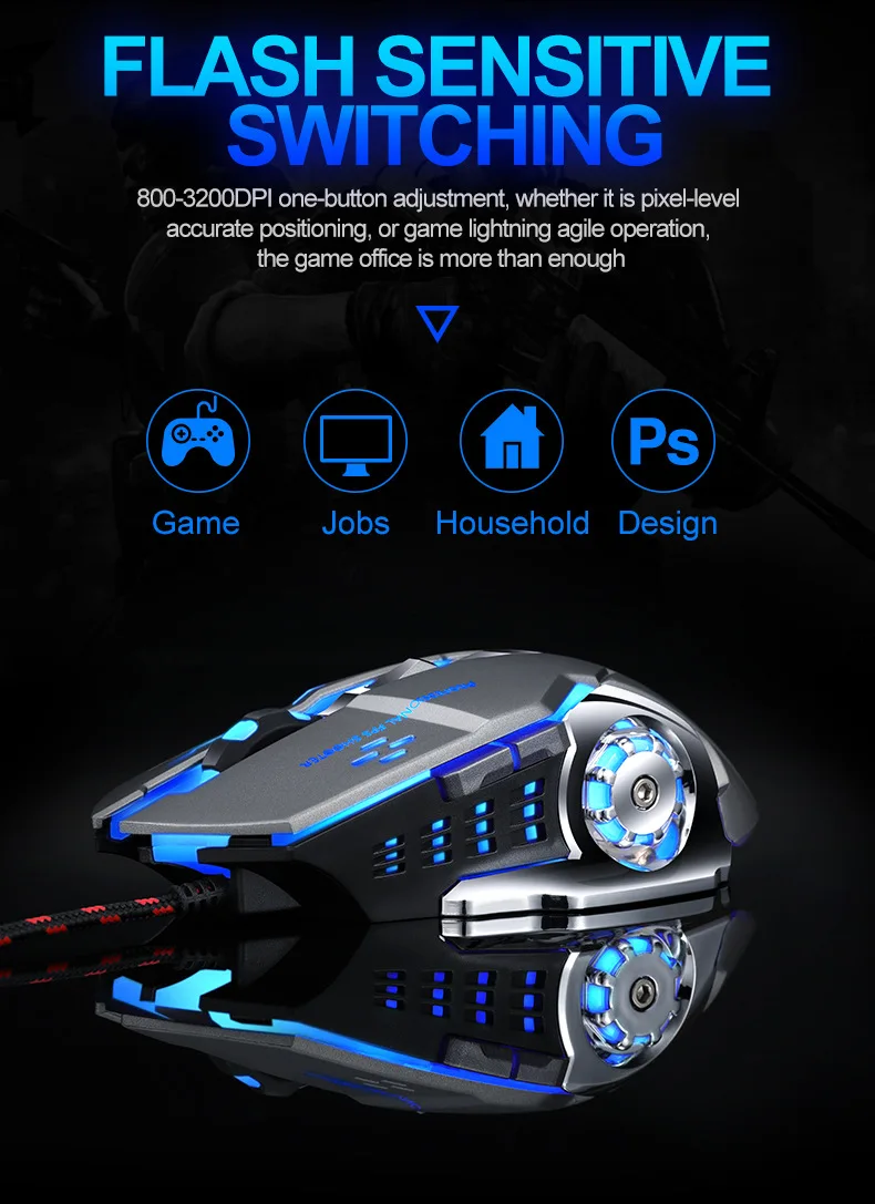 Игровая мышь Pro Gamer, 8D, 3200 dpi, регулируемая Проводная оптическая светодиодный мышь для компьютера, USB кабель, бесшумная мышь для геймера, мышь для ноутбука, ПК