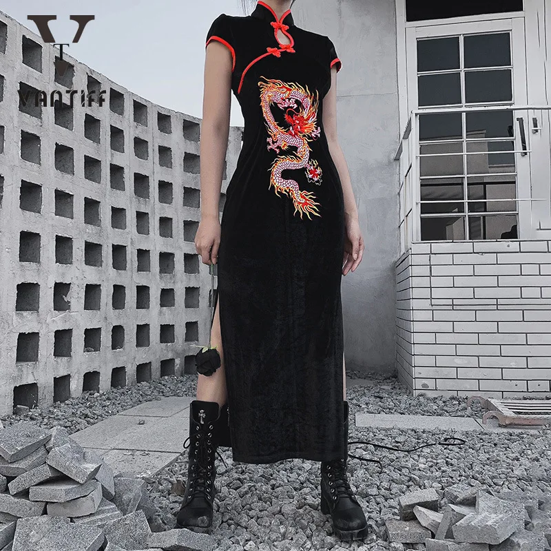 

Palace Retro Women Clothing Vintage Guofeng Improved Cheongsam Girl Fcheer Embroidered Hit Color Cool Dress Temperament Slim
