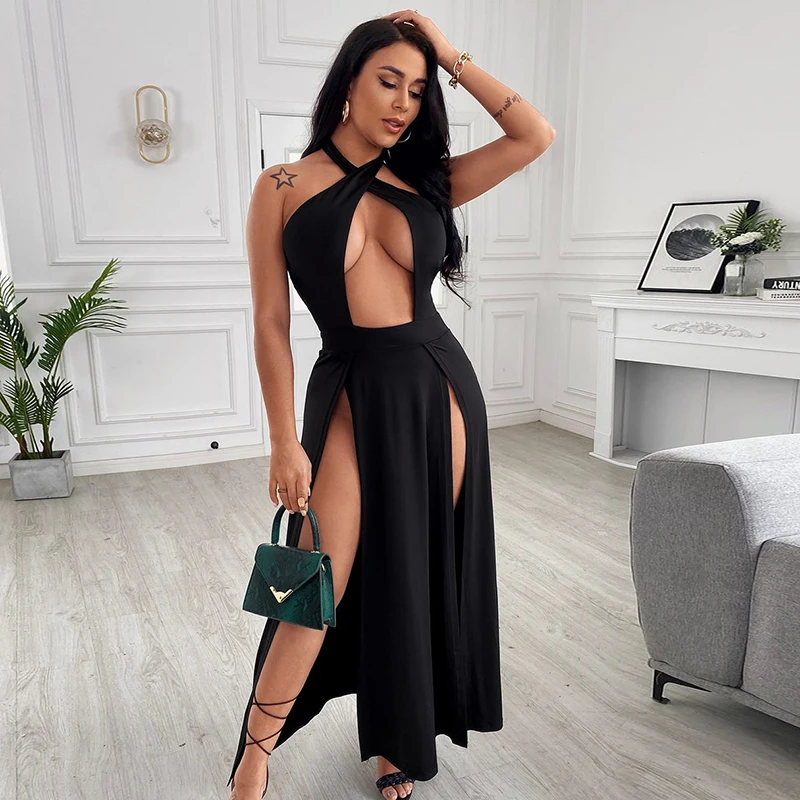 

Women's 2021 summer ins new solid color hanging neck open navel open back hollow dress female