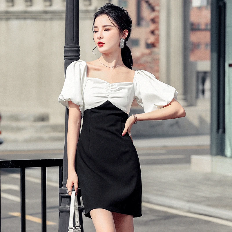 

LLZACOOSH Design 2021 Summer Women Square Collar Lantern sleeve Chic contrast Color Stitching Casual Mini Dress