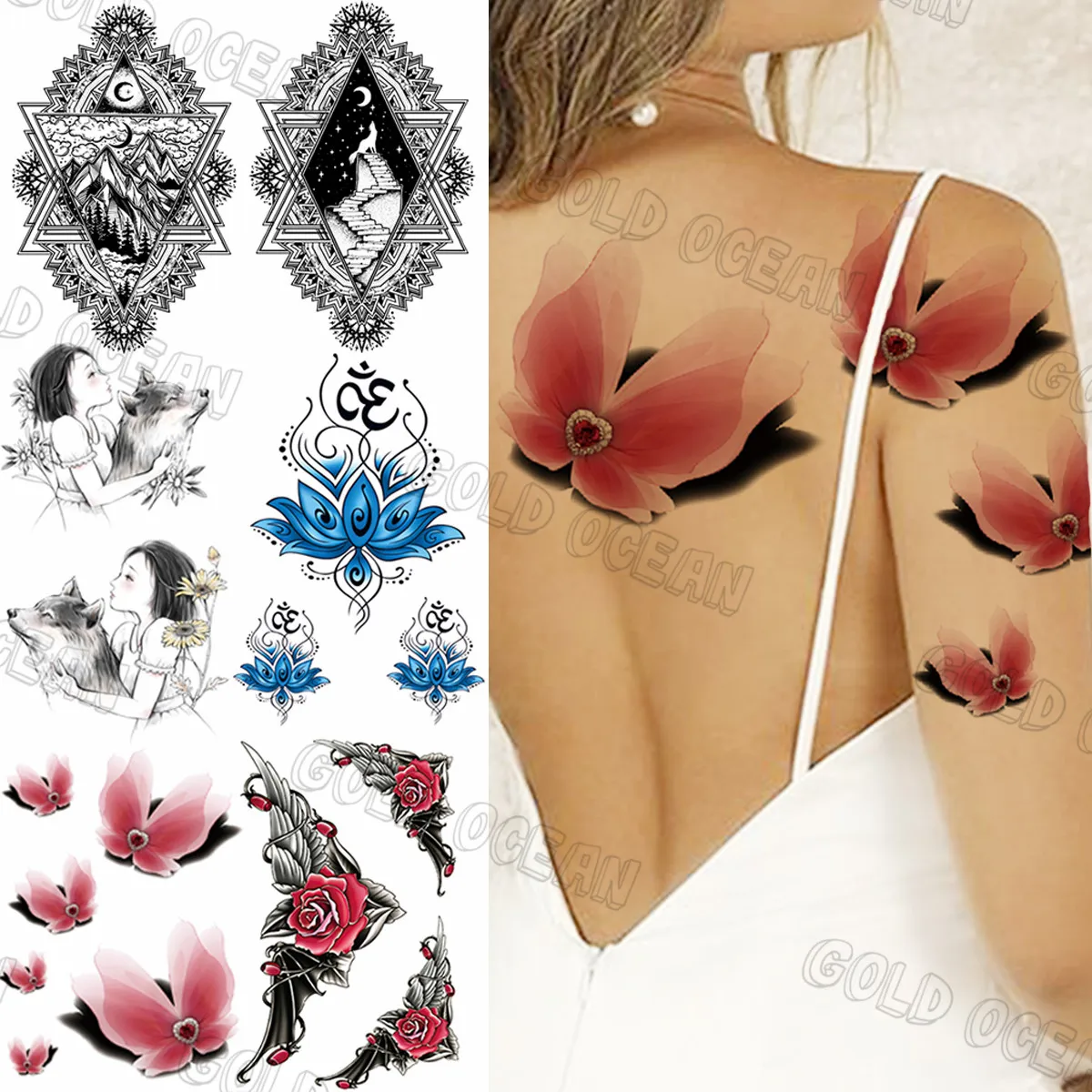 

Временные тату-наклейки 3D с бабочками для женщин, Эротичные геометрические тату-наклейки с рисунком волка, крыльев, розы, цветов, сексуальны...