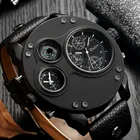 Часы наручные мужские с компасом, кварцевые роскошные в стиле милитари, черные, с кожаным ремешком, с двойным часовым поясом, большие размеры
