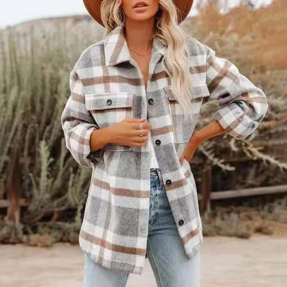 

Женская Осенняя новая куртка, длинное пальто, Повседневная модная свободная прямая Топ с отворотом и длинным рукавом в клетку в стиле путеш...