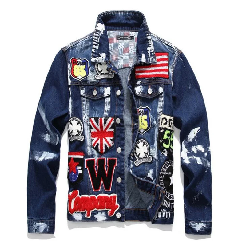 Мужская джинсовая куртка в стиле панк с изображением флага и букв Облегающая