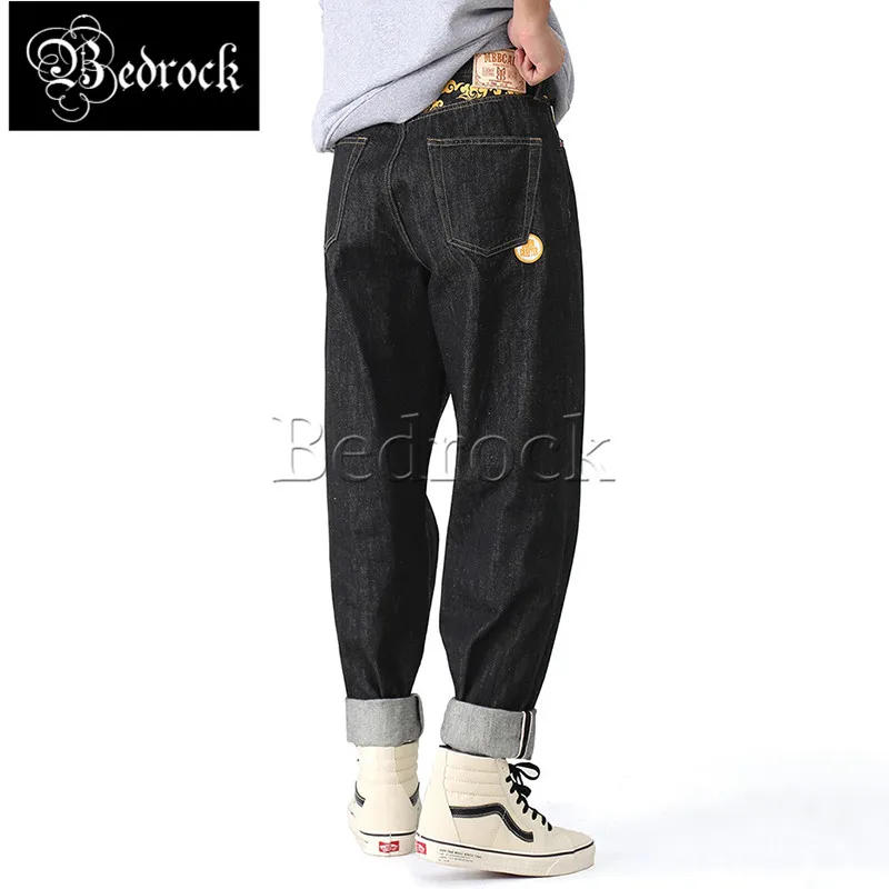 MBBCAR HIP HOP loose wide leg jeans for men black 14oz heavy raw denim one washed Chinese embroidered selvedge cargo pants 7294