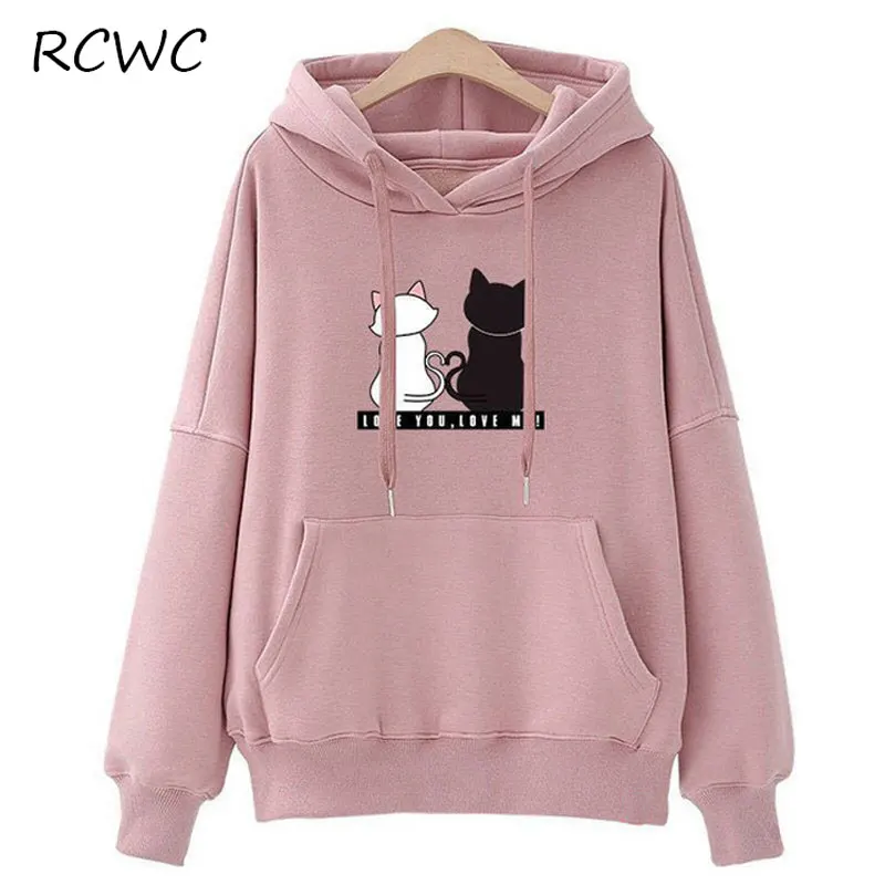 

RCWC Sweatshirt Women Autumn/Winter Hoodie Oversized Street Cute Cat Print Korean Harajuku Loose All-match Suddera Mujer