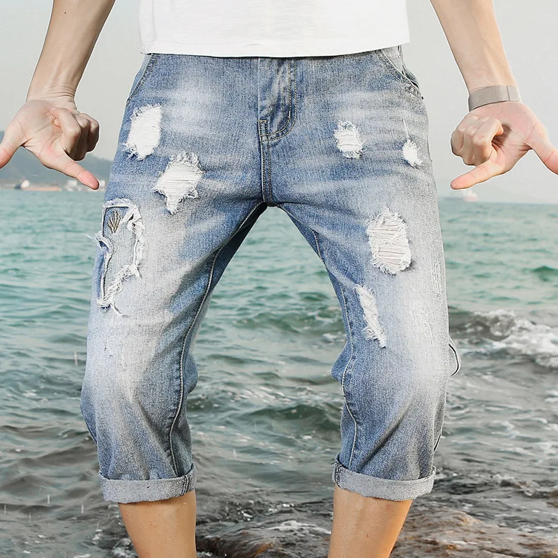 

Denim Pants Calf-Length Teenagers Boys Hip Hop Jeans homm Mens Ripped Jeans Casual Denim Pants 3/4 jeans calf-length pants 27-36