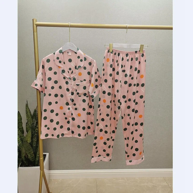 Женские шелковые пижамы с принтом Smmoloa Длинные атласные коротким рукавом летние