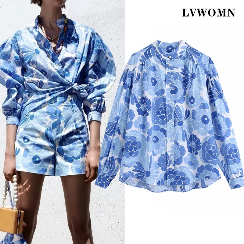 

Женские рубашки LVWOMN Za, блузки с синим принтом, свободная рубашка с длинным рукавом, женские шикарные топы на пуговицах с воротником-стойкой, ...