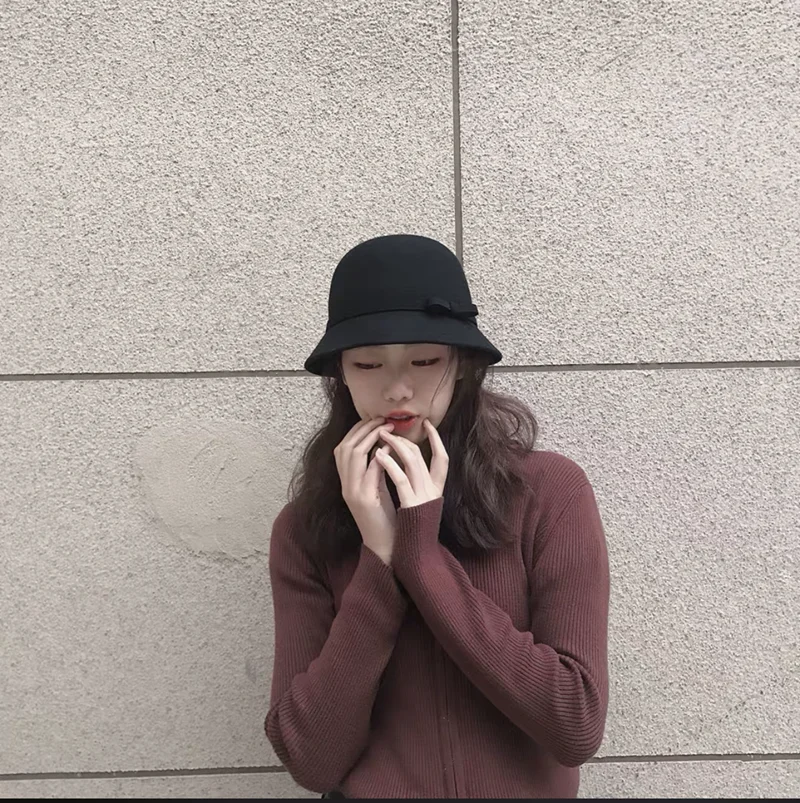 in the spring and autumn winter wool bucket hat with  bow dome for women basin of Europe and the United States