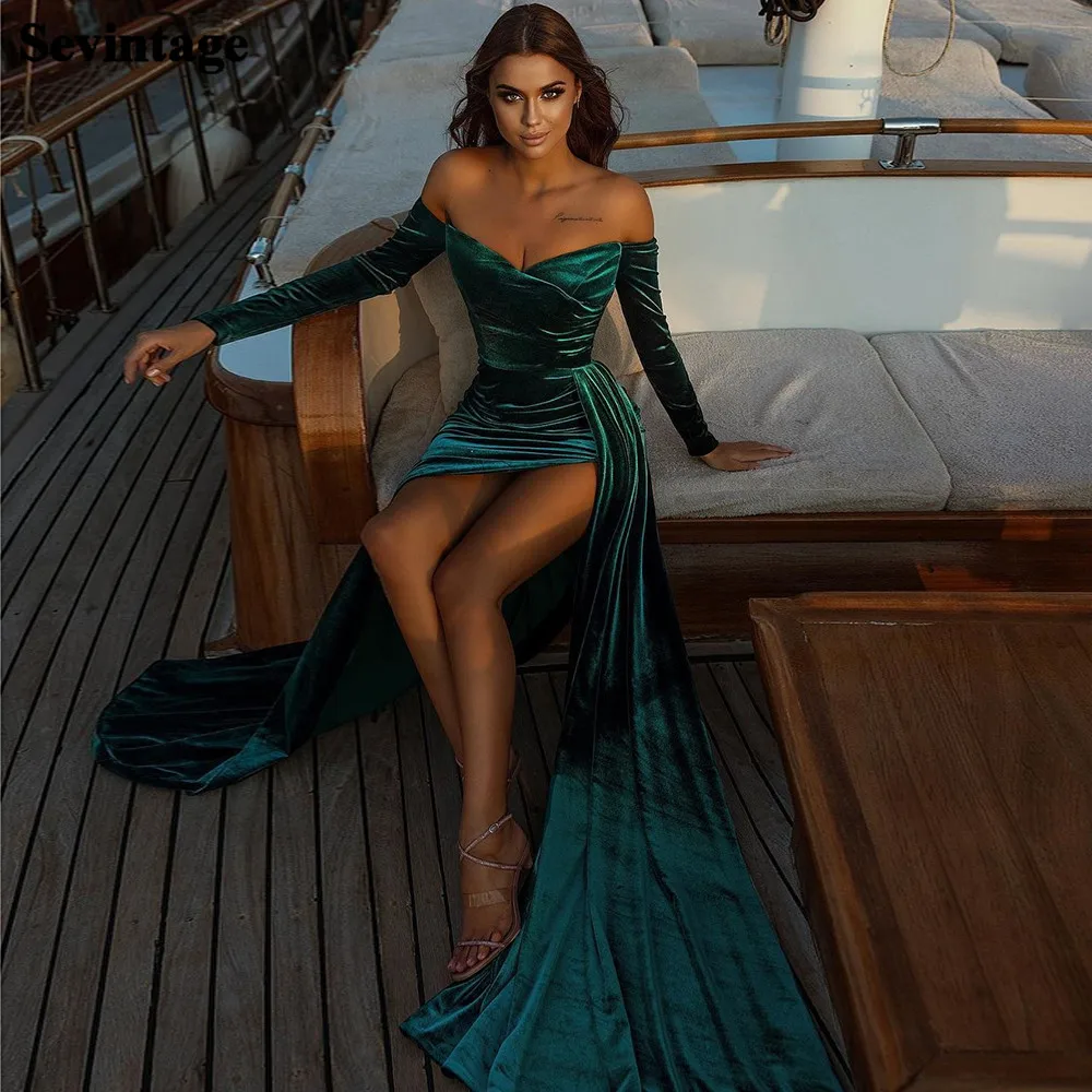 

Sevintage Green Velvet Evening Dresses Long Sleeves Prom Party Gowns High Side Slit Formal Nighclub Party Women Dress 2022