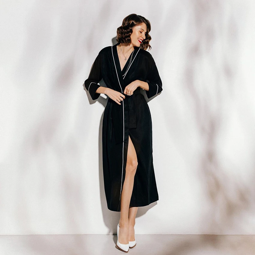 Черные сексуальные халаты Hiloc женский халат невесты длинный шелковый свадебное