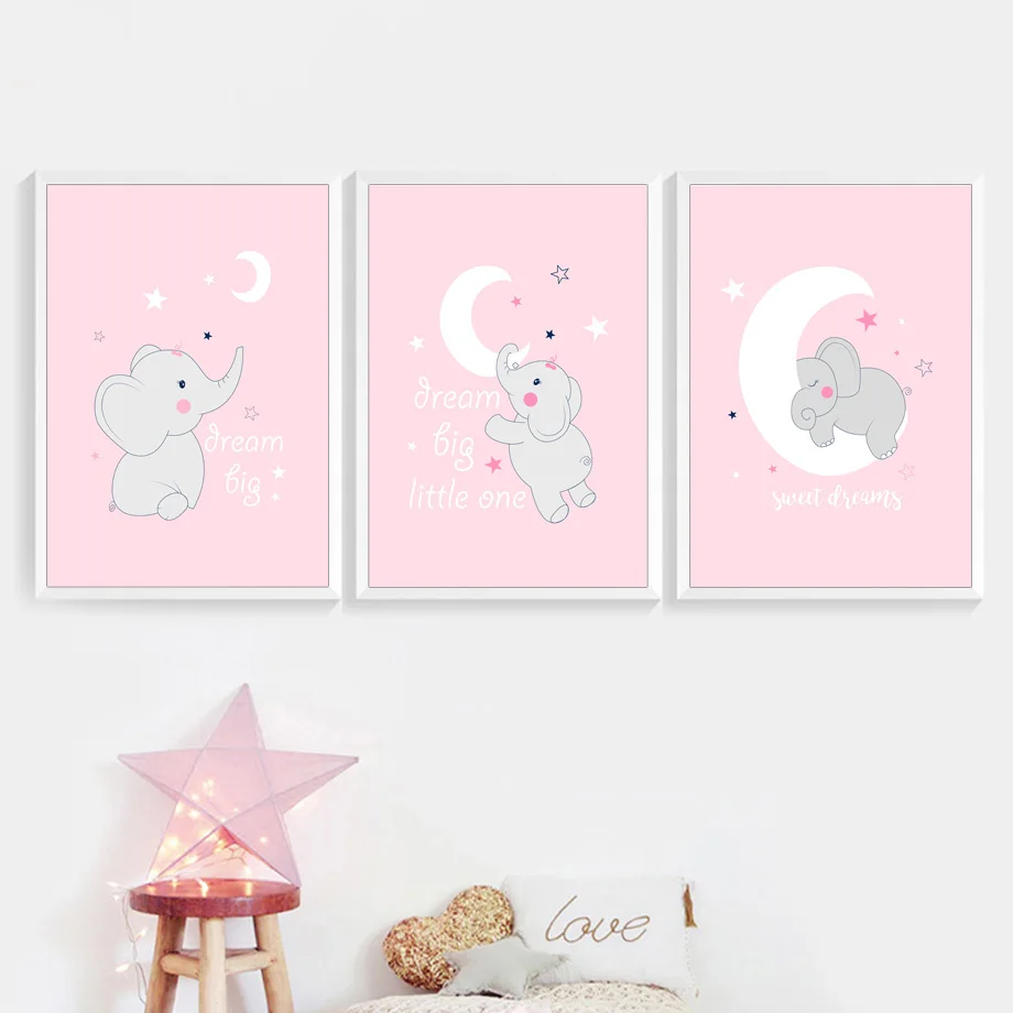 

Moon Star Sleeping Girl Elephant Wall Art Canvas Painting Cartoon Nordic Posters And Prints Wall Pictures For Kids Room Bedroom