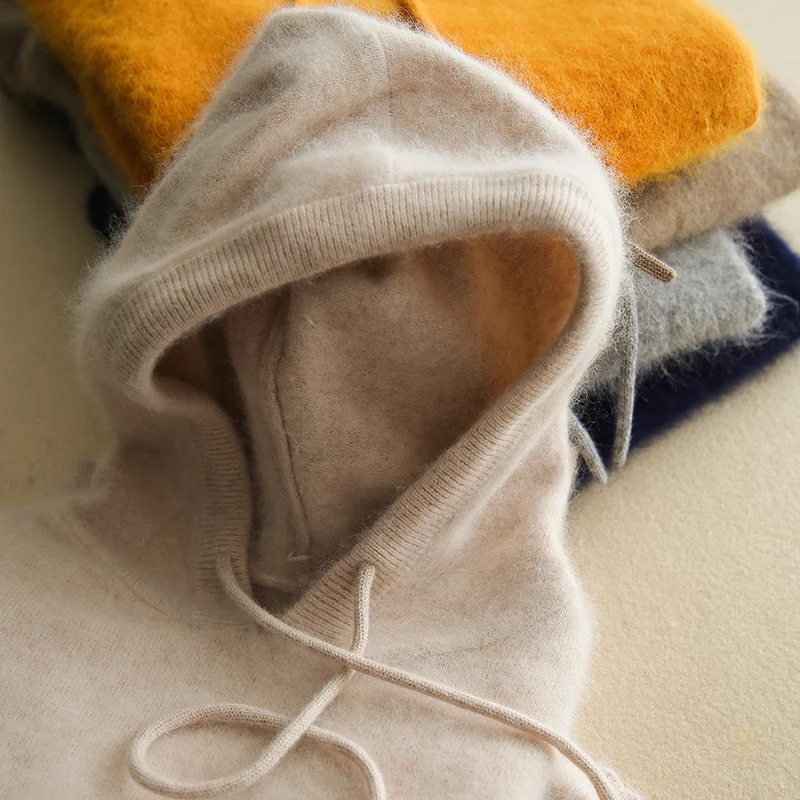 

Spring Winter Cashmere Wool Sweater Women Mink cashmere Sweaters Knitted Hooded Warm Lady's Grade Up Jumpers soild Pullovers Top