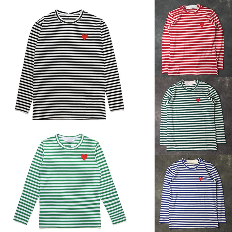 

Autumn Couple Love Peach Stripes Long Sleeve Round Neck Embroidery T-shirt Men Women Cotton Loose T-shirt