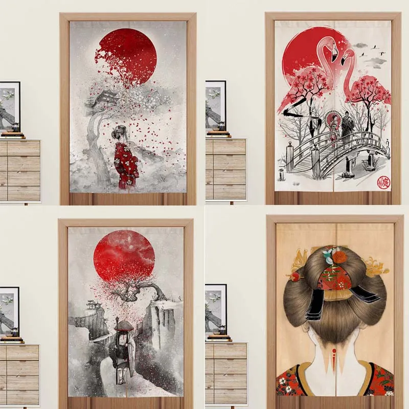 

Japanese Style Red Moon Door Curtain Home Bedroom Fitting Room Partition Fabric Screen Bathroom Window Noren Curtains
