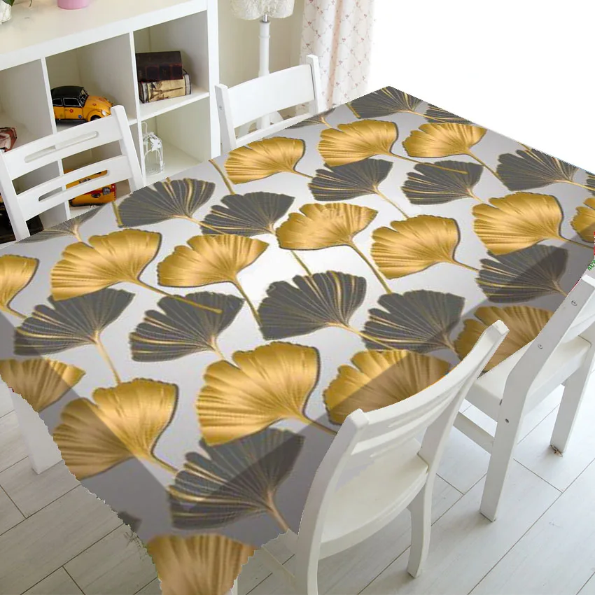 Роскошная скатерть с листьями гинкго билоба серого и золотого цвета