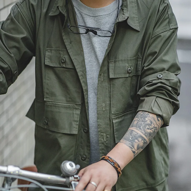 Maden Men's Retro Army Green Detachable Sleeve Shirt Vintage Big Pocket Shirt Men