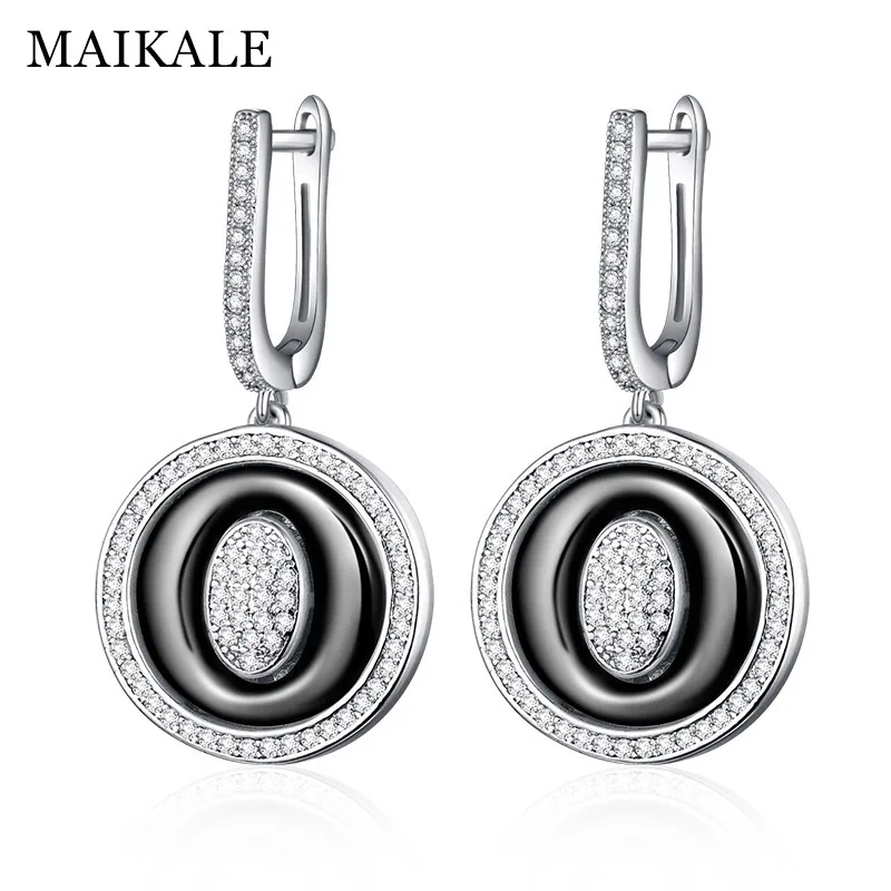 silver black MAIKALE, трендовые Простые керамические висячие серьги, высокое качество, медь AAA, кубический цирконий, позолоченные, большие серебряные серьги для женщин - Окраска металла: silver black