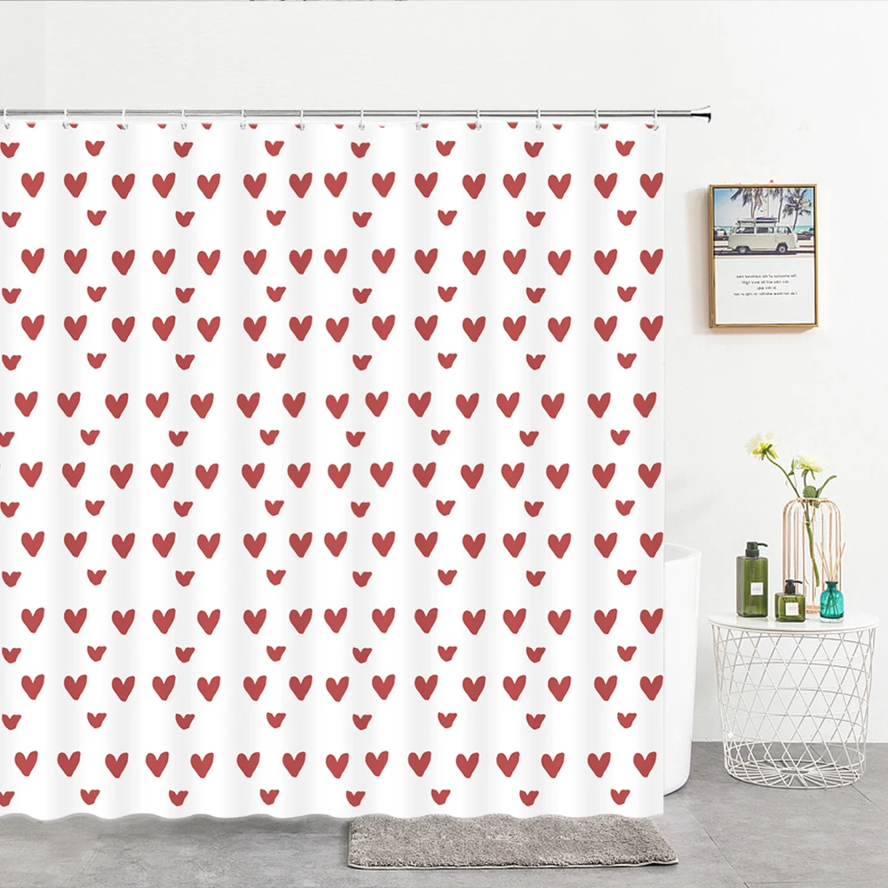 

Red Love Romantic Printed Fabric Shower Curtains Modern Women Bath Curtain Waterproof Bathroom Bath Screen Decor with Hooks