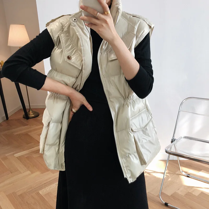 New Style Down Cotton Vest Women Spring Solid Black Stand Collar Zipper Short Vesrs Champagne Female Fashion Casual Waistcoat