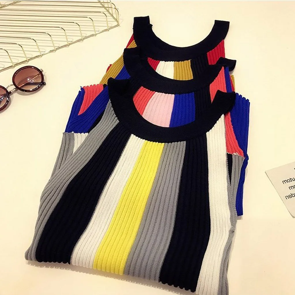 Женский Повседневный жилет без рукавов облегающие Топы в полоску стиле пэчворк с