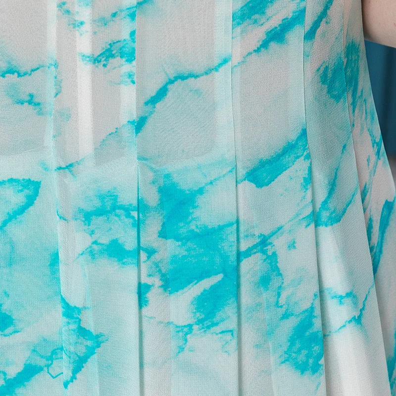 

VOA Silk Georgette V-neck White Background Blue Smudged Placket Patchwork Sleeveless Elegant Beach Pleated Dress Summer AE323