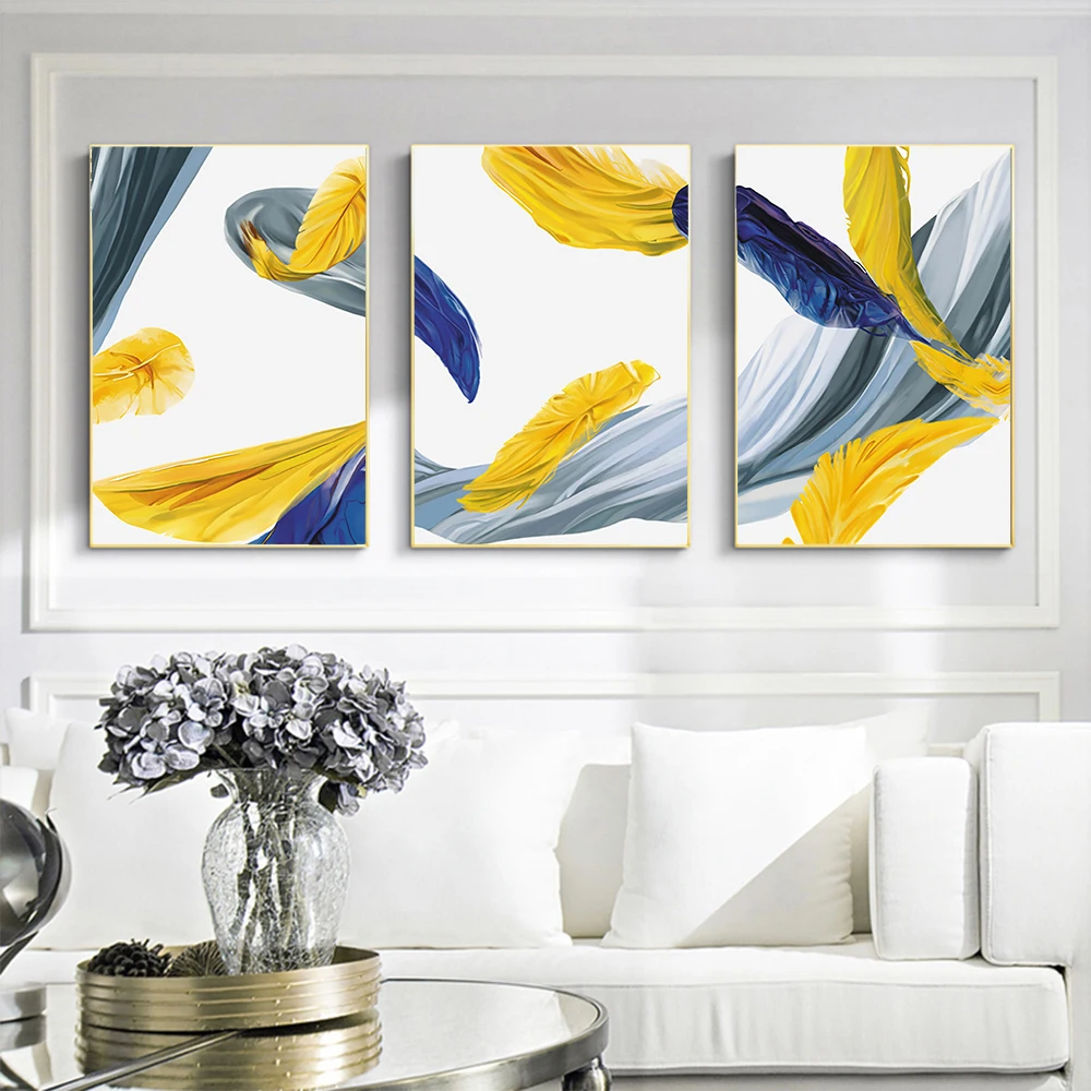 Настенная картина с пером без рамки абстрактный синий и желтый печатный плакат