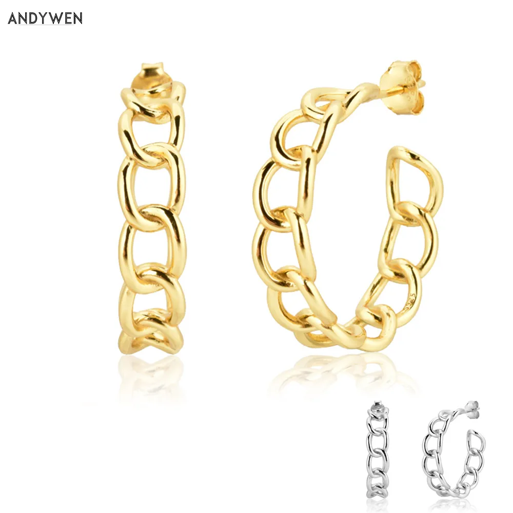 

ANDYWEN 925 Sterling Silver Gold 25mm Lock Chain Hoops Big Large Circle Round Plain Huggies Women Fashion 2020 Rock Punk Jewels