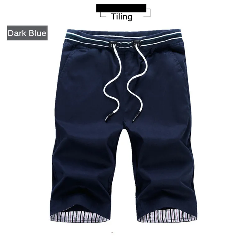 dark blue Peilow Летние повседневные шорты Для мужчин хлопок Slim Fit Solid Цвет до колена эластичный пояс Бермуды пляжные шорты брюки размер M~ 5XL - Цвет: dark blue