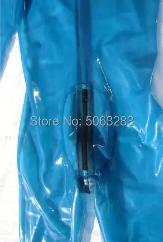 Прозрачный синий латексный костюм кошки с черной перчаткой на молнии скрытый