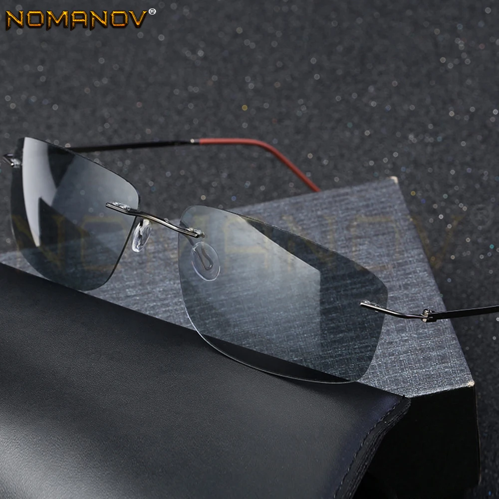 Солнцезащитные очки без оправы для мужчин и женщин стильные фотохромные серые