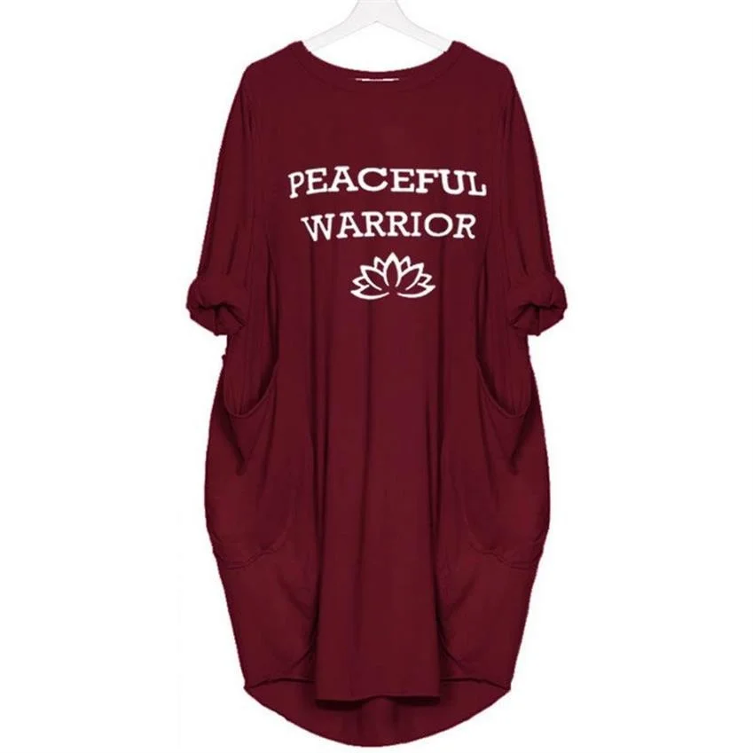 

Fashion Summer Women With Pocket T-Shirt Dress Peaceful Warrior Letters Print Pullover Dress Casual Women Loose Vintage Dresses
