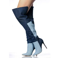 customized sexy high heeled shoes woman color matching denim over the knee boots thin heels pointed toe booties botas feminina