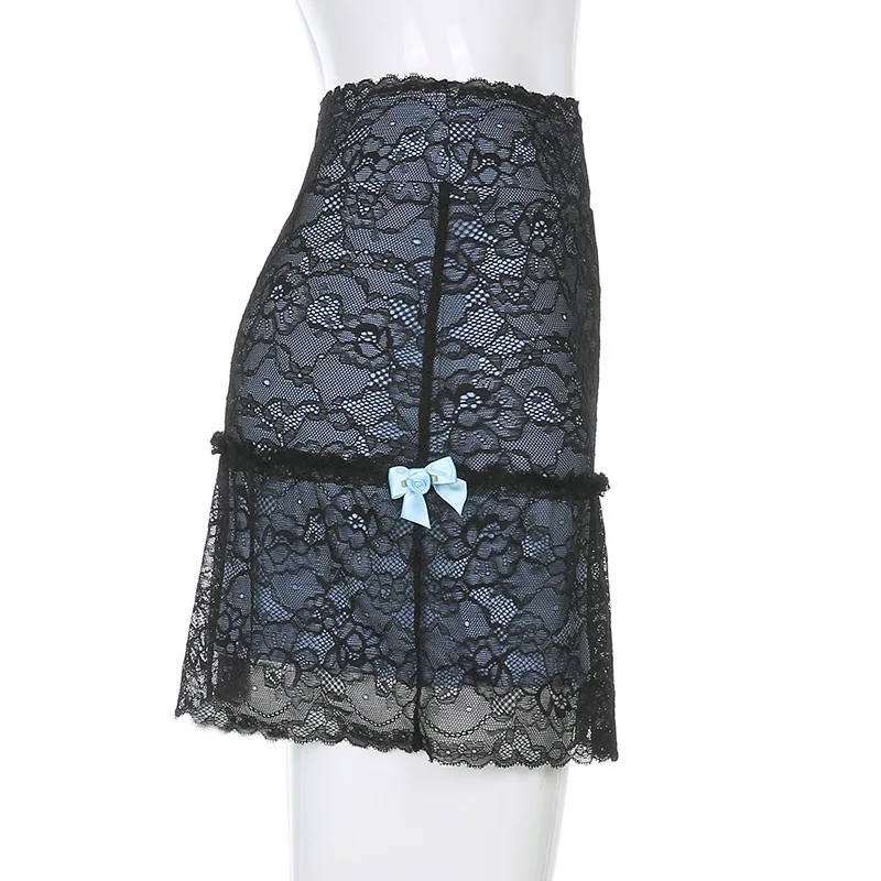 

Streetwear Mini Skirts Gothic Vintage Floral Lace Mesh Patchwork A-line Skirt Women Autumn Sexy Partywear Clothing