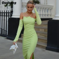 elegant straps sexy slit dress for women fall 2021 thumb hole long leeve green dresses club party outfits solid clothing
