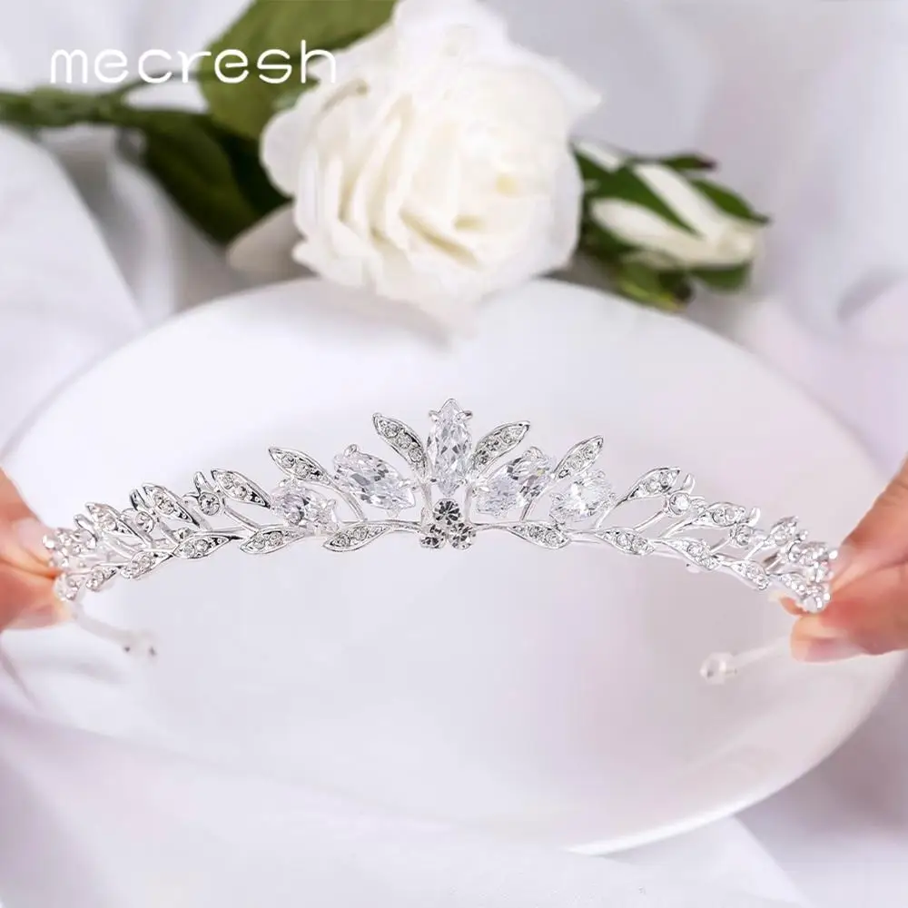 Mecresh Wedding Tiaras and Crowns Women Prom Hair Ornaments Zircon Pageant Bridal Accessories Leaves Headband HG241 | Украшения и