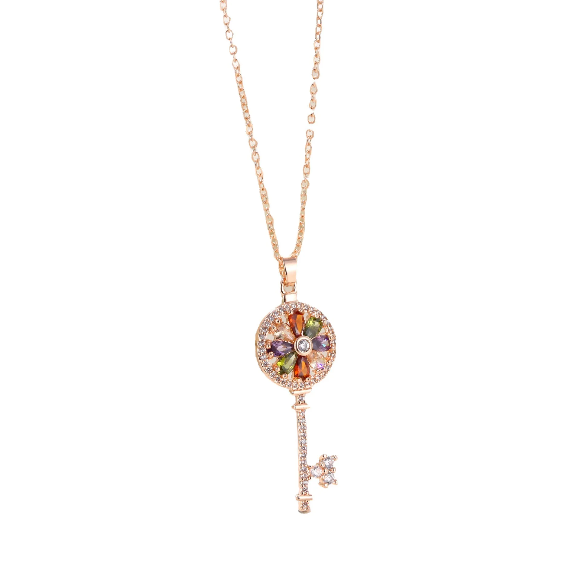 

Fashion Jewelry Mona Lisa Style Colour Zircon Crystal Flower Key Necklace Pendant for Women Girls Christmas Valentine's Day GIft