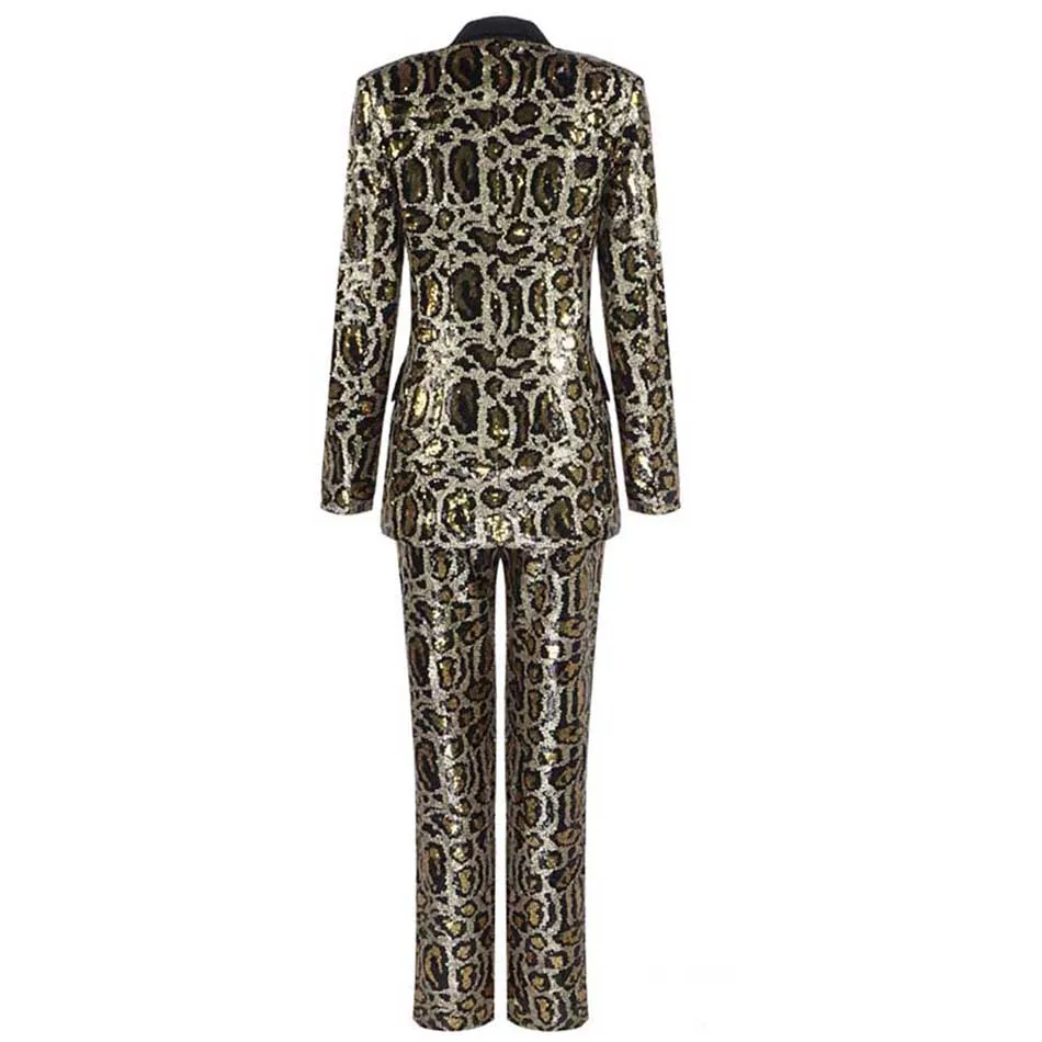 

Ailigou Blazer And Pants Suit For Women 2021 New Long Sleeve 2 Piece Sequined Dress Leopard Jacket Sexy Business Set
