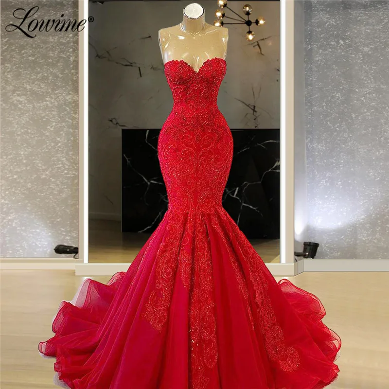 

Red Applique Evening Dresses Muslim Beaded Formal Dubai Evening Wear Arabic Turkish Couture Long Wedding Party Dress Prom Gowns