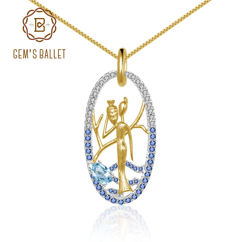 GEM'S BALLET 0.57Ct Natural Swiss Blue Topaz 925 Sterling Silver Golden Woman Fetch Water Pendant Necklace For Women Jewelry | Украшения