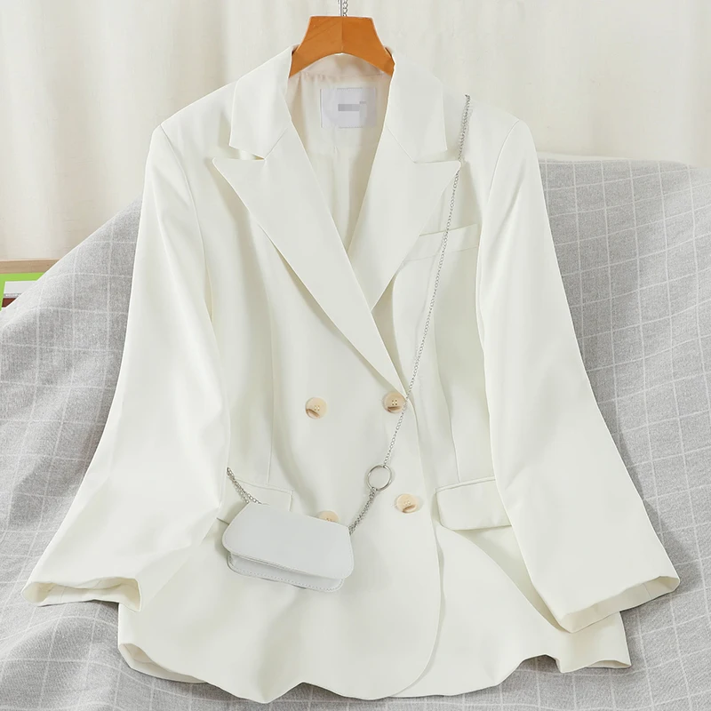 

Blazer Women Autumn Classic Office Lady Jacket Double Breasted Loose Blazer Outerwear Solid Color Coat with Bag Chic Fashion