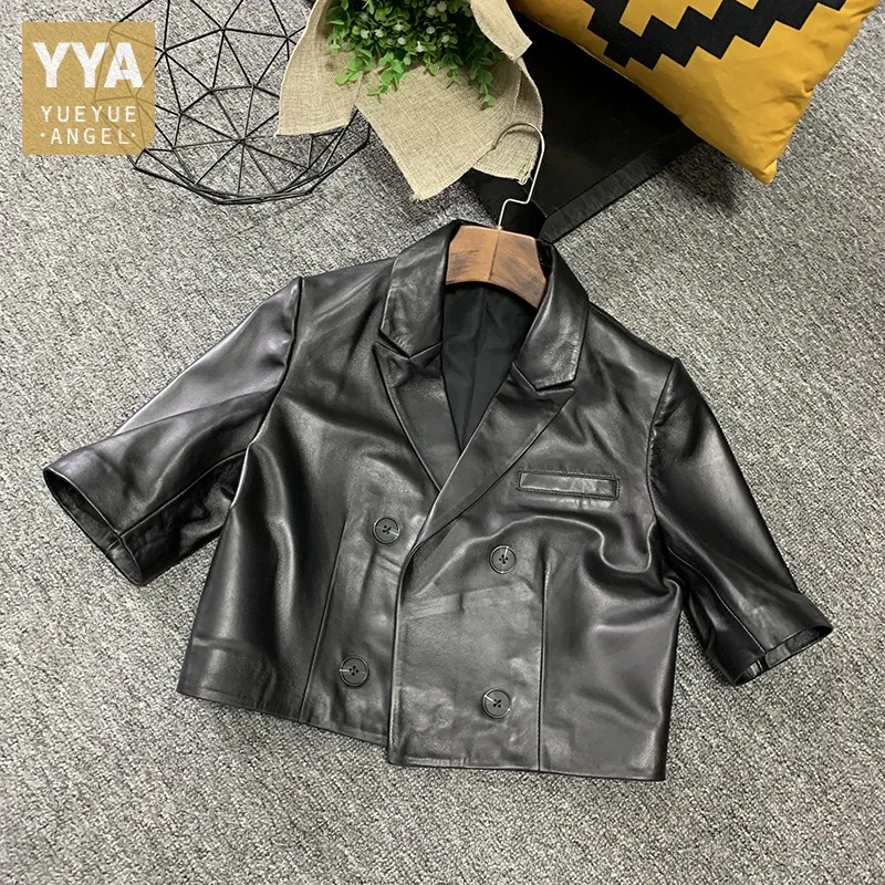 Fashion Autumn Genuine Leather Short Coat Women Short Sleeve Double Breasted Turn-Down Collar Office Lady Sheepskin Suit Jacket